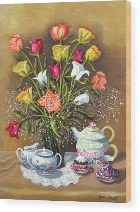 Floral Wood Print featuring the painting Floral With China And Ceramics by Madeline Lovallo