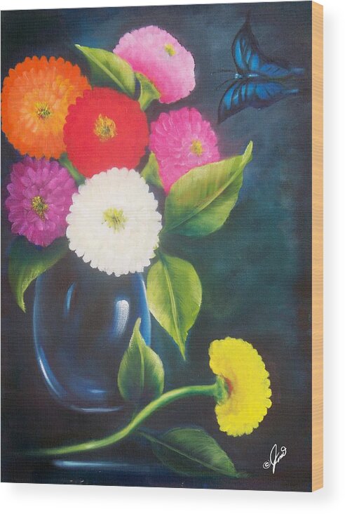 Flowers Wood Print featuring the painting Flowers in Blue Vase by Joni McPherson