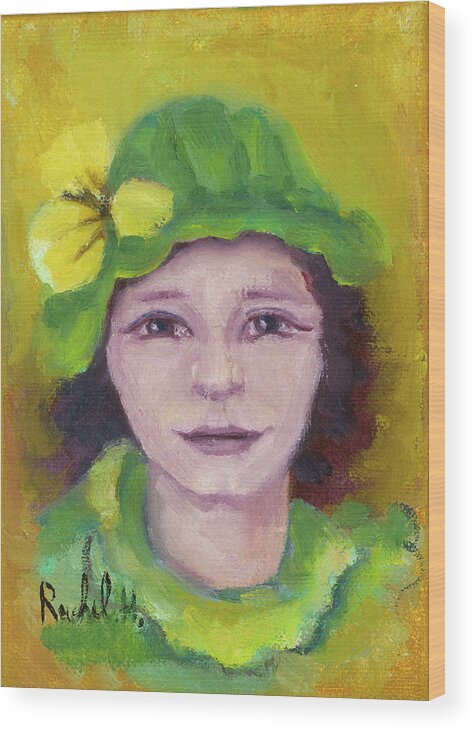 Green Wood Print featuring the painting Green hat face by Rachel Hershkovitz