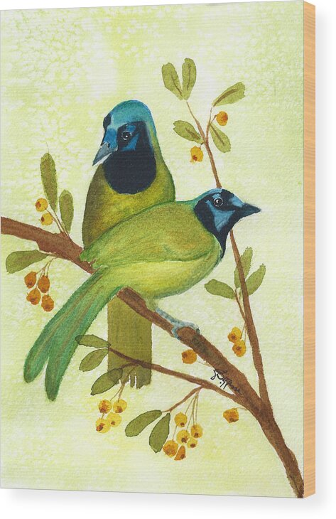 Green Jays Wood Print featuring the painting Green Jay Duo by Elise Boam