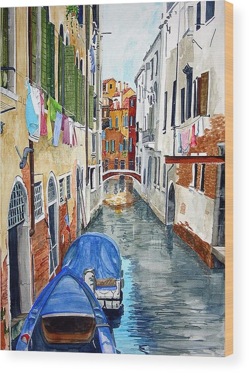 Venice Wood Print featuring the painting Laundry Day in Venice by Tom Riggs