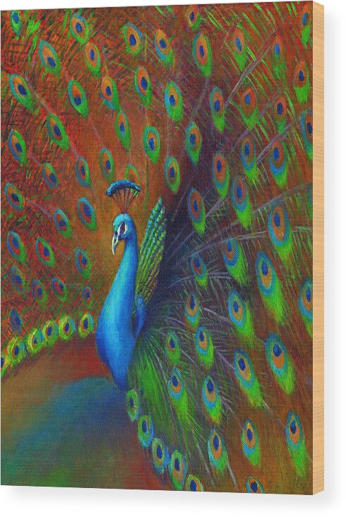 Feather Wood Print featuring the painting Peacock Spread by Nancy Tilles