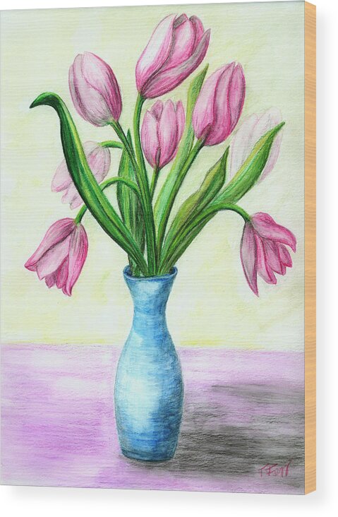 Tulips Wood Print featuring the drawing Pink Tulips by Tatiana Fess