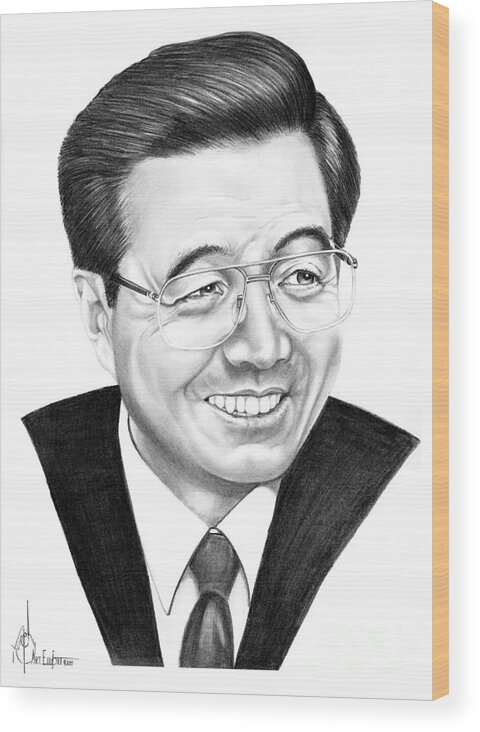 Drawing Wood Print featuring the drawing President Hu Jintao by Murphy Elliott