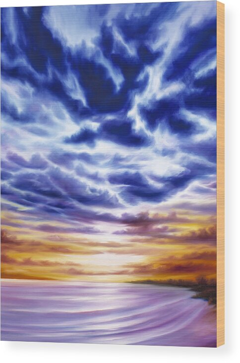 Sunrise; Sunset; Power; Glory; Cloudscape; Skyscape; Purple; Red; Blue; Stunning; Landscape; James C. Hill; James Christopher Hill; Jameshillgallery.com; Ocean; Lakes; Sky; Contemporary; Yellow; Ocean; River; Water Wood Print featuring the painting Rise by James Hill