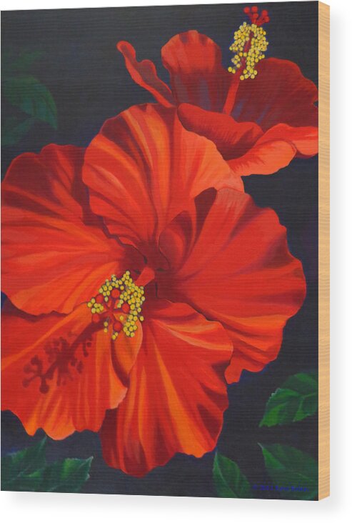 Two Red Hibiscus Flowers On Dark Background Wood Print featuring the painting Sophia Maria by Kyra Belan