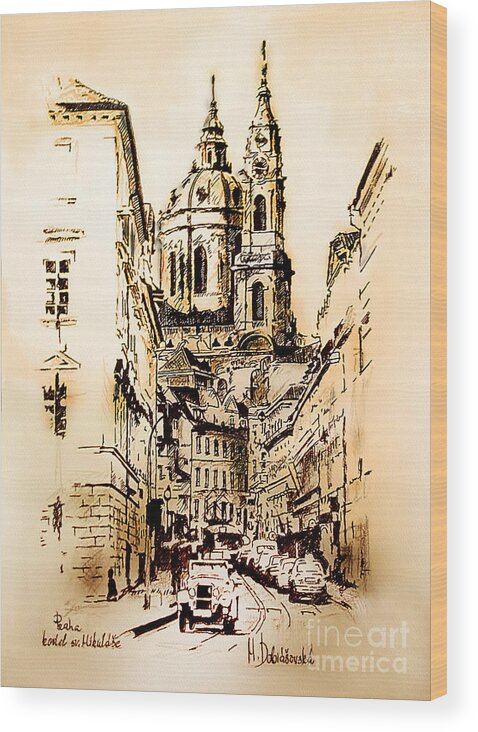 Prague Wood Print featuring the mixed media St. Nicholas Church in Prague by Melanie D