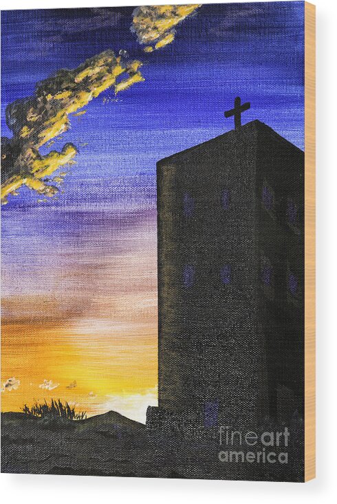 Acrylic Paintings Wood Print featuring the painting Adobe Church #1 by Timothy Hacker