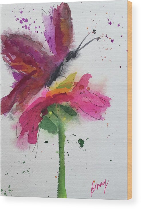 Watercolor Flower Wood Print featuring the painting Flutter and Flower #1 by Bonny Butler