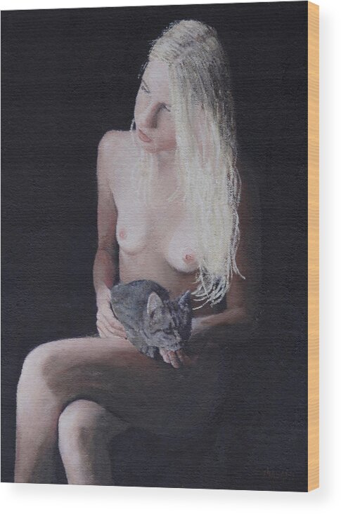 Nude Wood Print featuring the painting Nude And Cat #1 by Masami Iida