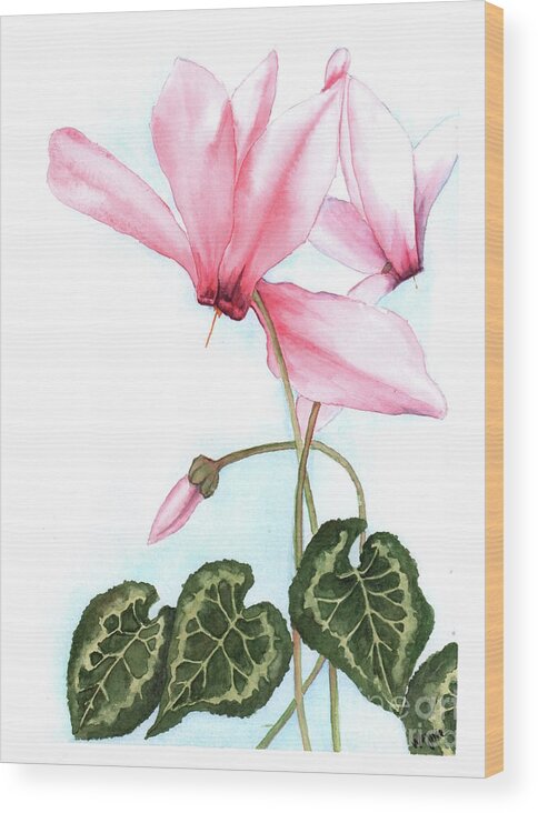 Flowers Wood Print featuring the painting Pink Cyclamen by Hilda Wagner