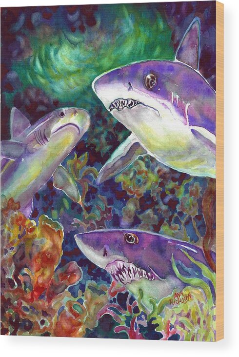 Watercolor Wood Print featuring the painting Sharks #1 by Ann Nicholson