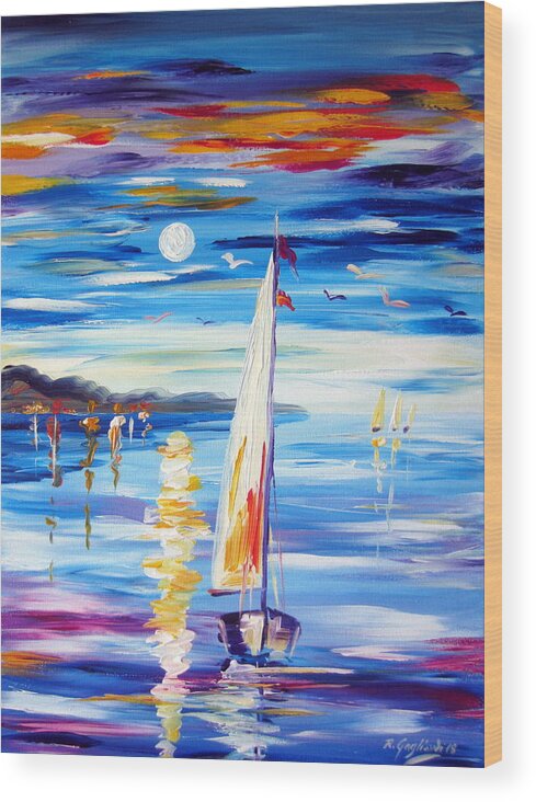 Nature Wood Print featuring the painting The Moon and The Sails #1 by Roberto Gagliardi