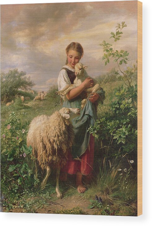 Shepherdess Wood Print featuring the painting The shepherdess #1 by Johann Baptist Hofner