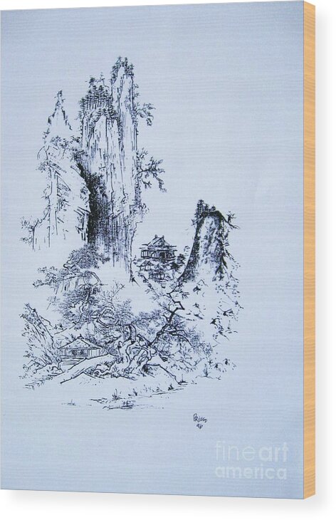 Landscape Wood Print featuring the painting Yama no fukei #1 by Thea Recuerdo