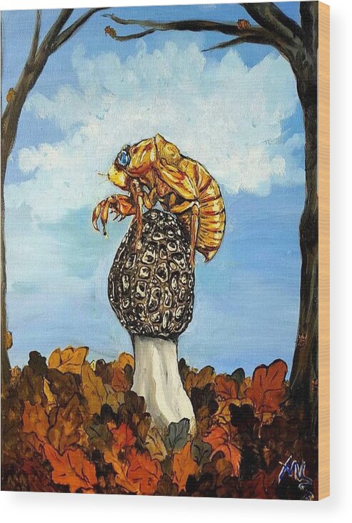 Morel Wood Print featuring the painting 17 year Cicada With Morel by Alexandria Weaselwise Busen