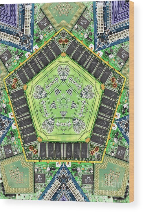 Chip Wood Print featuring the photograph Computer Circuit Board Kaleidoscopic Design #18 by Amy Cicconi