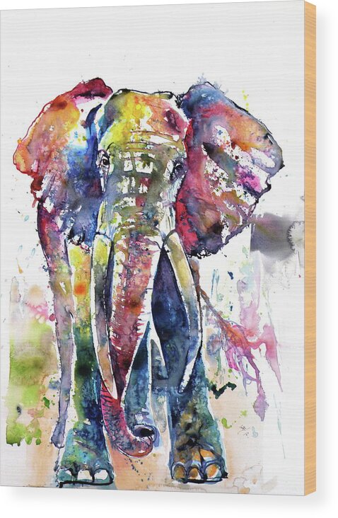 Animal Wood Print featuring the painting Big colorful elephant #2 by Kovacs Anna Brigitta