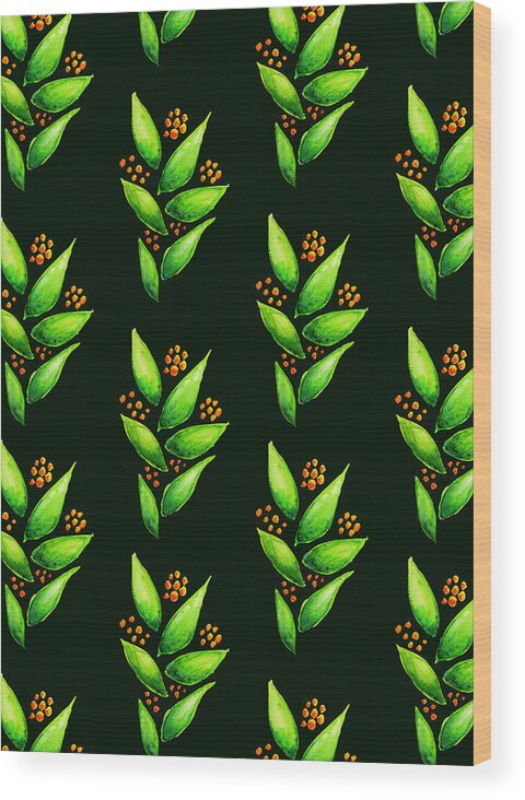 Illustration Wood Print featuring the digital art Abstract Watercolor Green Plant With Orange Berries by Boriana Giormova