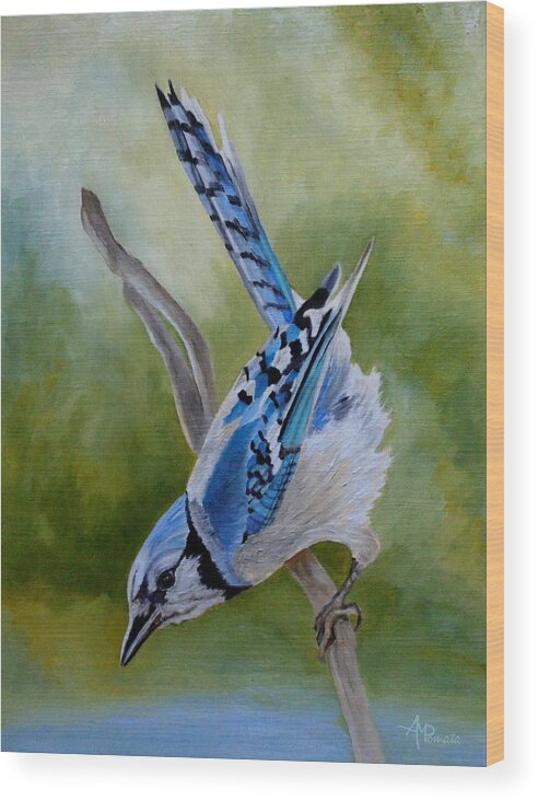 Blue Jay Wood Print featuring the painting Aerialist Blue Jay by Angeles M Pomata