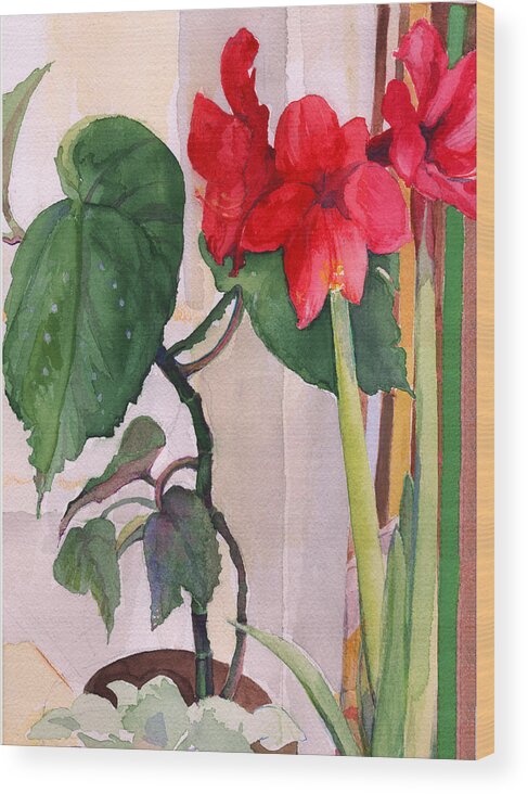 Christmas Amaryllis Wood Print featuring the painting Amaryllis and Begonia by Nancy Watson