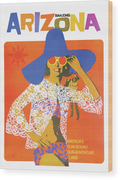 Amazing Wood Print featuring the painting Amazing Arizona, girl with big blue hat, travel poster by Long Shot