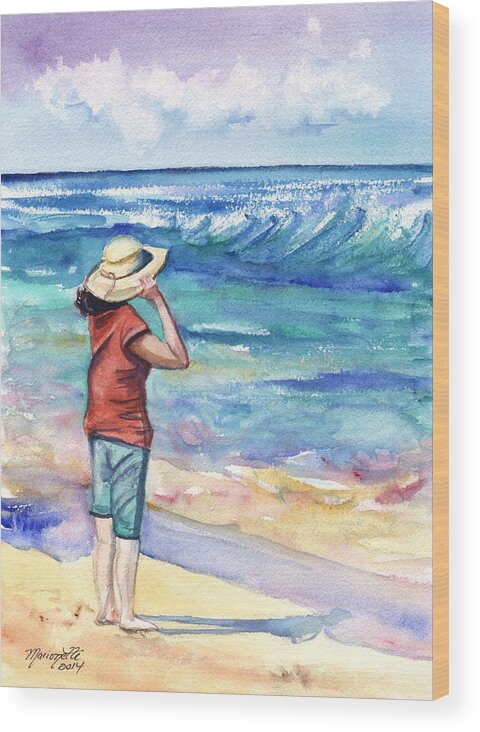 Woman On Beach Wood Print featuring the painting Another Nice Day at the Beach by Marionette Taboniar