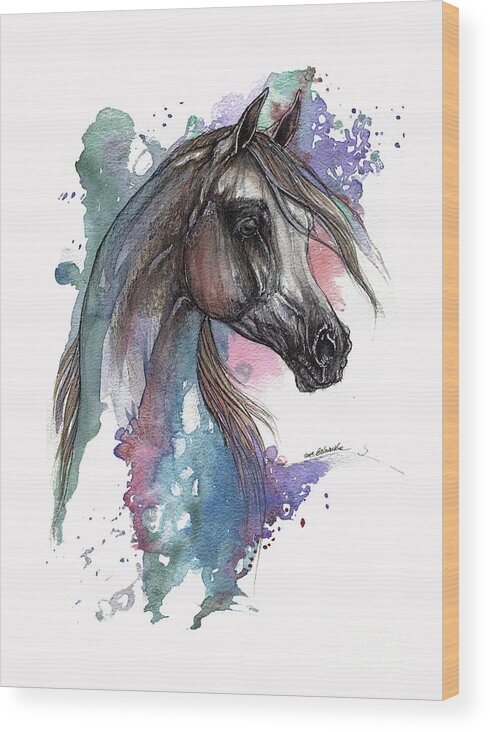 Horse Wood Print featuring the painting Arabian Horse On Blue And Pink Background by Ang El