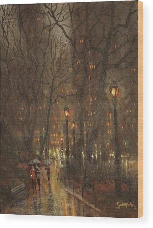 City Rain Wood Print featuring the painting Autumn Rain by Tom Shropshire