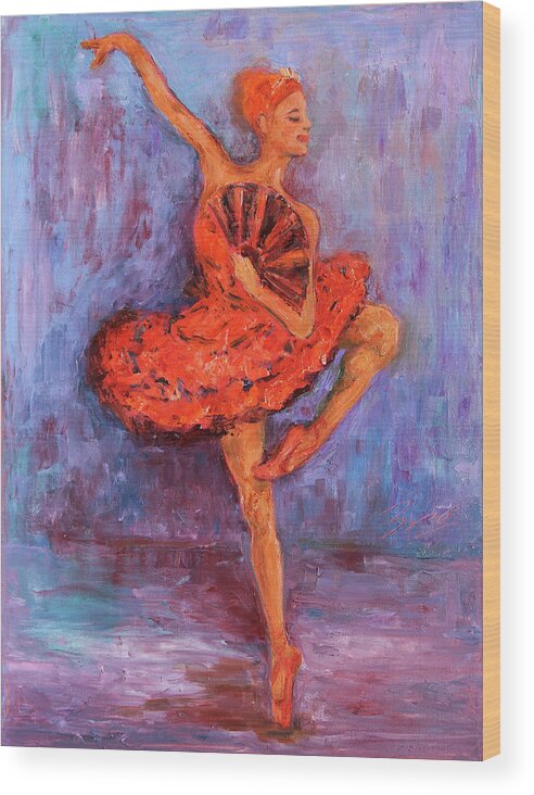 Figurative Wood Print featuring the painting Ballerina Dancing with a Fan by Xueling Zou