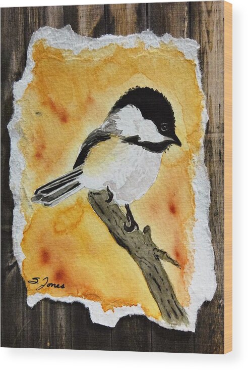 Chickadee Wood Print featuring the painting Barnwood Chickadee by Sonja Jones