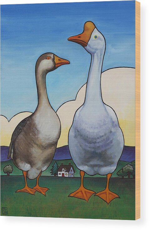 Goose Wood Print featuring the painting Barnyard Gothic by Stacey Neumiller