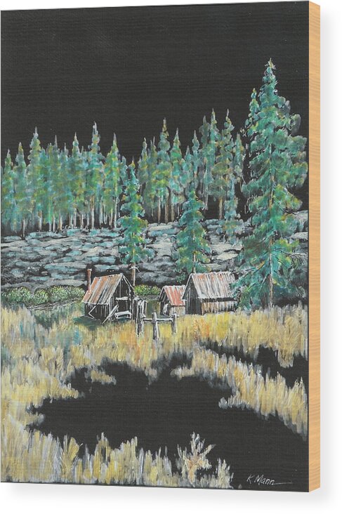 Kenneth Mann Wood Print featuring the painting Basque Sheep Camp by Kenneth Mann