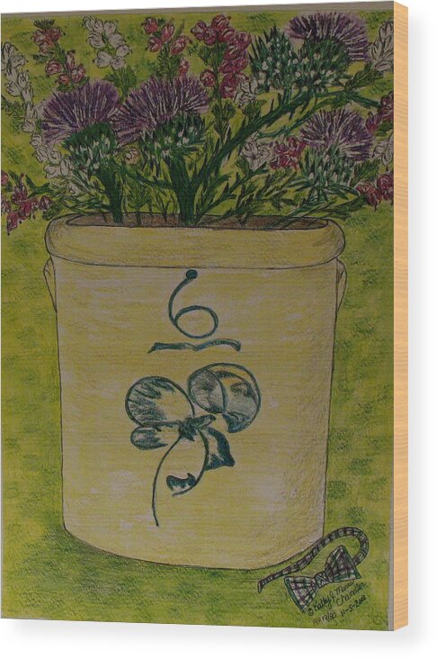 Bee Sting Crock Wood Print featuring the painting Bee Sting Crock With Good Luck Bow Heather And Thistles by Kathy Marrs Chandler