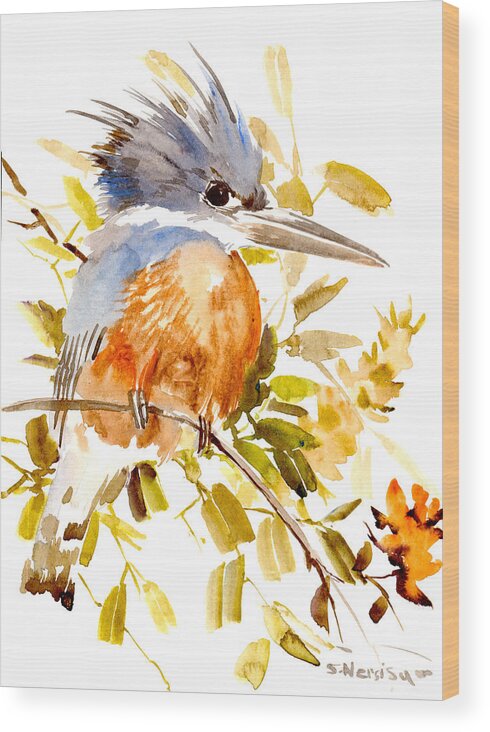 Kingfisher Wood Print featuring the painting Belted Kingfisher by Suren Nersisyan