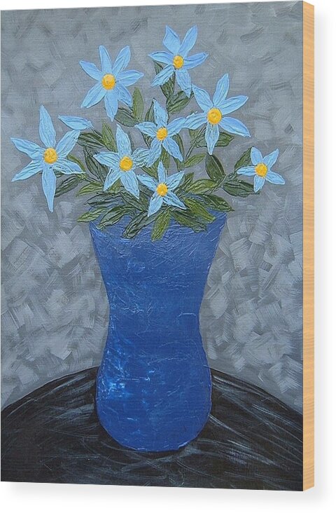 Abrstract Wood Print featuring the painting Blue Floral Vase by Terry Mulligan