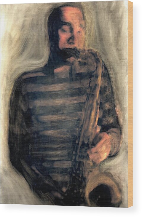 Saxaphone Music Musician Jazz Blues Wood Print featuring the painting Blues Man by FeatherStone Studio Julie A Miller