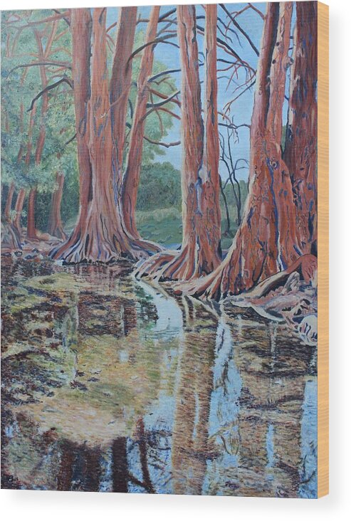 Bald Cypress Wood Print featuring the painting Boerne River Scene by Vera Smith