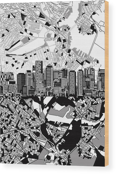 Boston Wood Print featuring the painting Boston Skyline Black And White by Bekim M