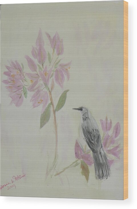 Bougainvillea Wood Print featuring the painting Bougainvillea and Mockingbird by Donna Walsh