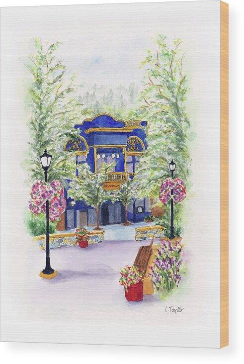 Small Town Wood Print featuring the painting Brickroom on the Plaza by Lori Taylor