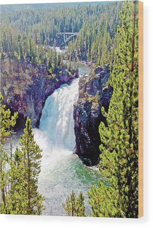Bridge Above Upper Yellowstone Falls From North Rim In Yellowstone Canyon In Yellowstone National Park Wood Print featuring the photograph Bridge above Upper Yellowstone Falls in Yellowstone National Park, Wyoming by Ruth Hager