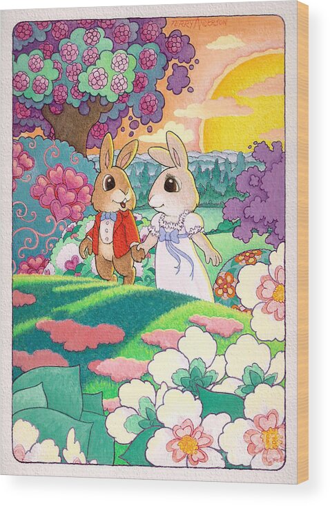 Bunny Love; Fantasy; Valentine; Hearts; Freindship Card; Romantic; Cute; Bunnies; Flowers; Sunsets Wood Print featuring the painting Bunny Love by Terry Anderson