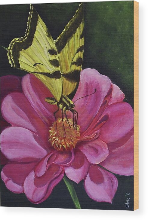 Flower Wood Print featuring the painting Butterfly on a pink daisy by Silvia Philippsohn