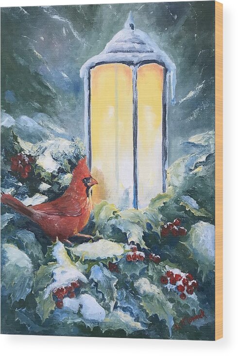 Cardinal Wood Print featuring the painting Snowy Lantern's Glow by ML McCormick