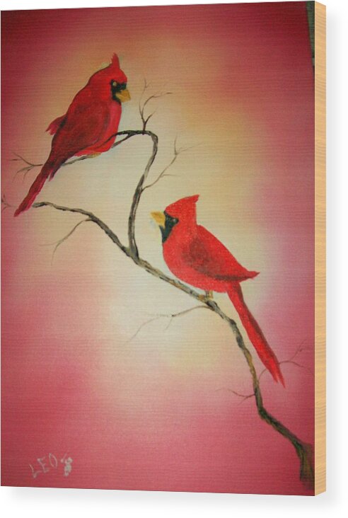 Cardinals Wood Print featuring the painting Cardinals at Sunset by Leo Gordon