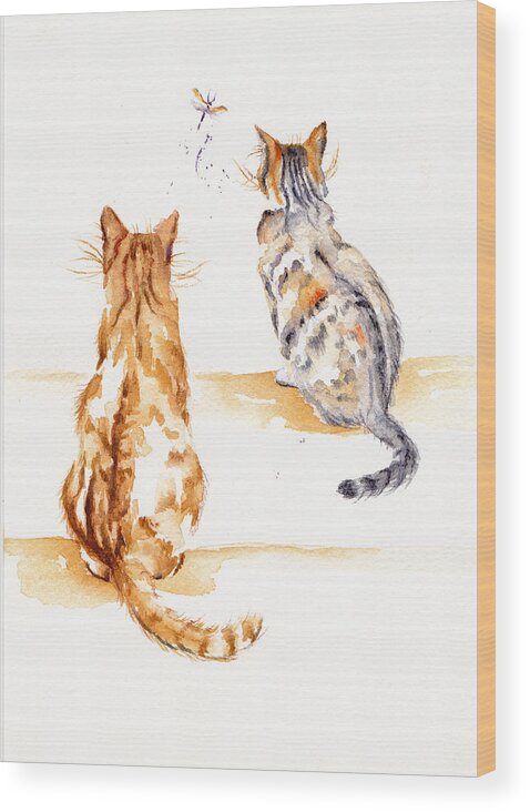 Cats Wood Print featuring the painting Two Cats - Casing the Dragon by Debra Hall