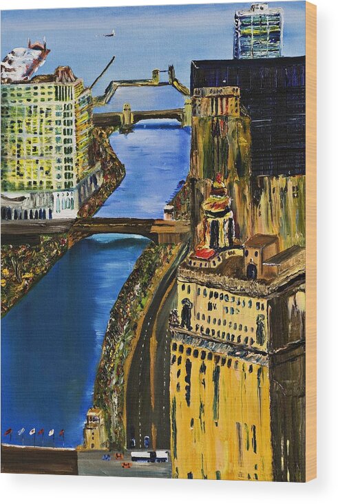 Chicago Skyline Wood Print featuring the painting Chicago River Skyline by Modern Impressionism