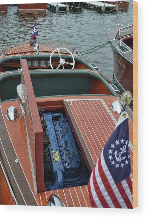 Motor Wood Print featuring the photograph Chris Craft with Open Hatch and Motor by Michelle Calkins