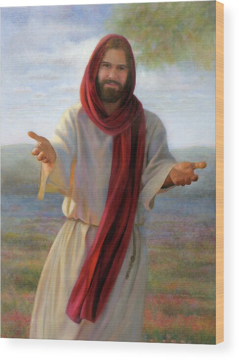 Jesus Christ Wood Print featuring the painting Come Unto Me by Nancy Lee Moran